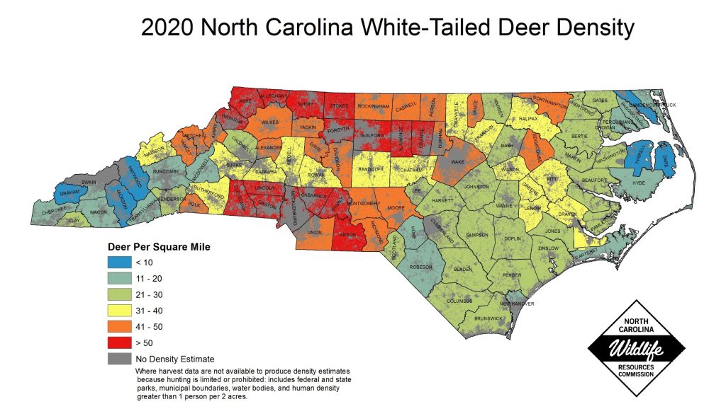 Map of North Carolina showing deer densities by county