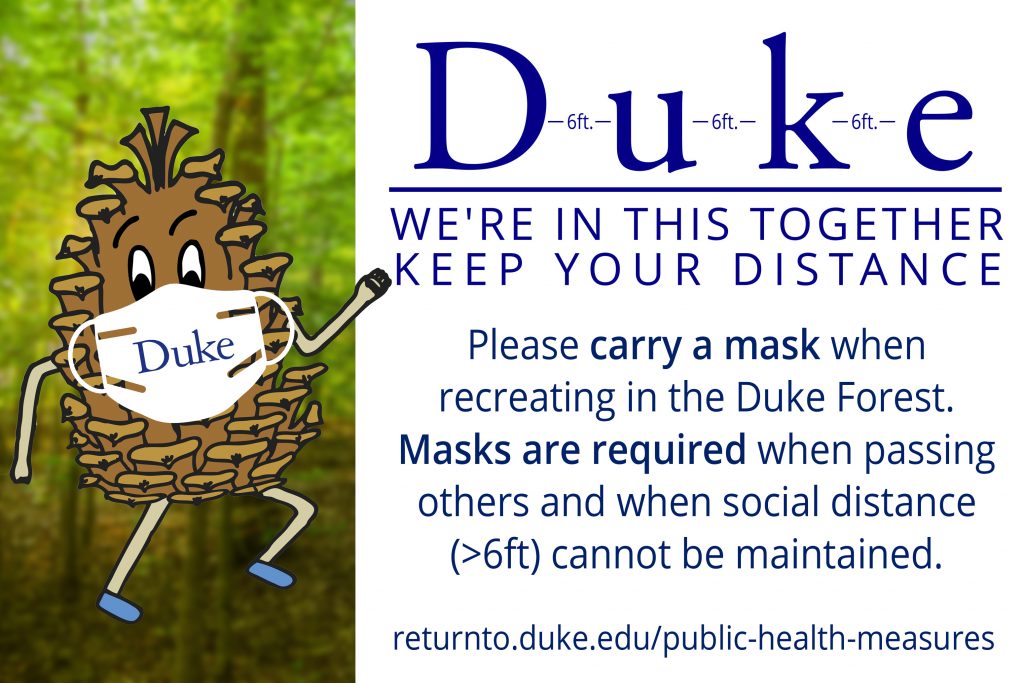 Duke "we're in this Together" distancing graphic with Pine Cone Man wearing a mask and description of mask rule found in this article below